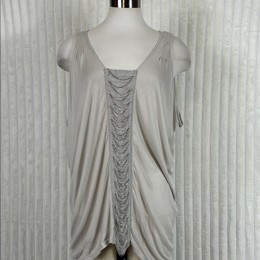Rock and Republic beige Stone sleeveless chain link embellished blouse tank L